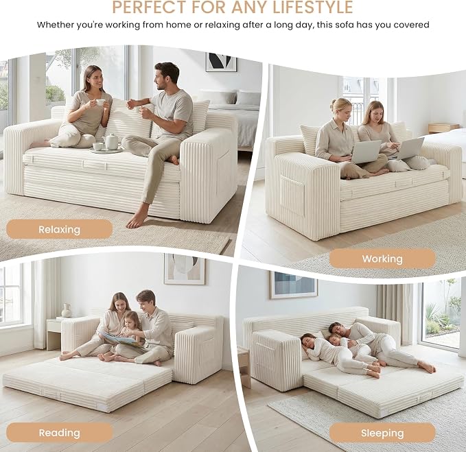 Boneless Couch Sofa Bed, 70'' Convertible Tri-Folding Futon Sleeper with Handle & Side Pockets, Pull Out Couch Bed with Hook and Loop No Assembly for Small Space,Living Room & Bedroom