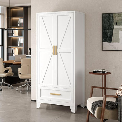 LCAOPC 71" Tall Metal Wardrobe Cabinet with Drawer and Hanging Rod, 2 Doors Armoire Wardrobe Closet with Shelf for Bedroom, Office, Laundry Room, White