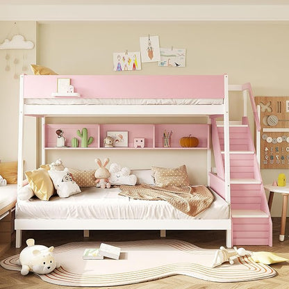 Wood Bunk Bed Full XL Over Queen with Staircase and Side Shelves | Light Strip Included, Striped-Design Stairs, Kids Teens Adults, Space-Saving Design, Versatile Bed Frame