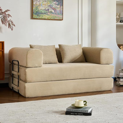 ZEIINPA 59“ Convertible Floor Sofa Bed, 5-in-1 Futon Sofa Bed Pull Out Sleeper Couch, Modern Corduroy Compressed Loveseat, Modular Boneless Couches for Living Room, No Assembly Required, Beige