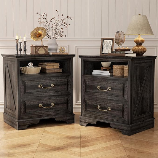 Unikito Farmhouse Nightstands Set of 2, Night Stands with Charging Station, Bedside Table with 2 Large Drawers & Vintage Handles, Side Table with Open Storage for Bedroom (Gray Oak)
