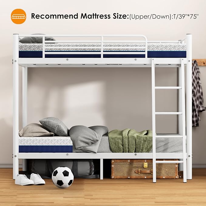 SDHYL Twin Over Twin Bunk Bed,Heavy Duty Metal Bed Frame with Stairs,Space Saving,Ideal for Dorms and Small Rooms,White