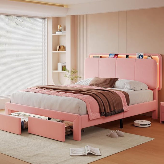 Feonase Full Upholstered Bed Frame with Headboard and 2 Storage Drawers, Built-in Charging Station, Velvet Platform LED Bed with Solid Wood Slat Support, No Box Spring Needed, Pink