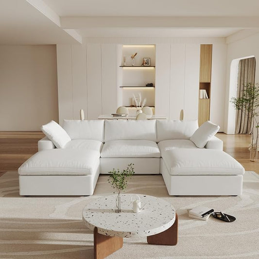 Cloud Modular Sectional Sofa Couch,U Shaped Couch 5 Seater for Living Room,120" Convertible Couches with Storage Ottoman, Covers Washable&Replaceable,White