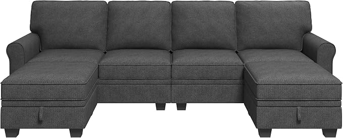 HONBAY Sectional Sofa with Storage Seat U Shaped Couch with Reversible Chaise Convertible Sectional Couches for Living Room,Dark Grey