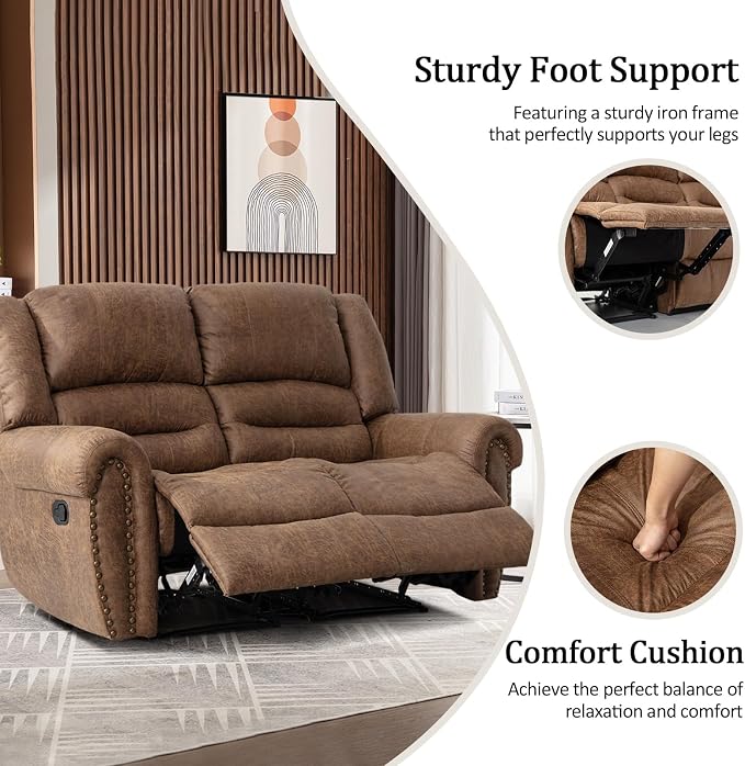 CANMOV Faux Leather Manual Recliner Sofa Set, 2 Recliner Chair and a Loveseat Sofa for Living Room,Bedroom Furniture, Office, Nut Brown