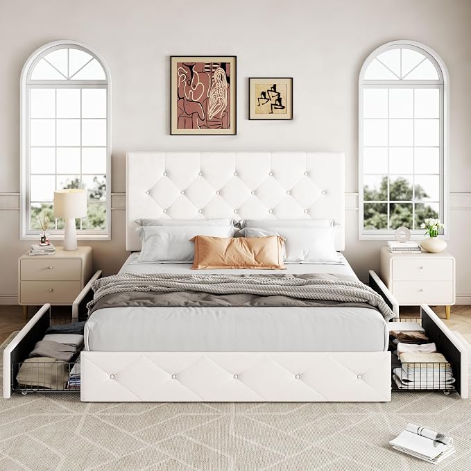 Allewie Upholstered Full Size Platform Bed Frame with 4 Storage Drawers and Adjustable Headboard, Diamond Button Tufted, Wooden Slats Support, Noise-Free, No Box Spring Needed, Easy Assembly, White
