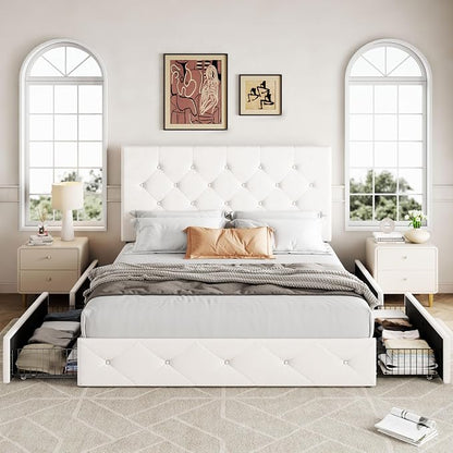 Allewie Upholstered Queen Size Platform Bed Frame with 4 Storage Drawers and Adjustable Headboard, Diamond Button Tufted, Wooden Slats Support, Noise-Free, No Box Spring Needed, Easy Assembly, White