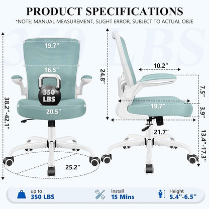 FelixKing Office Chair, Ergonomic Desk Chair Breathable Mesh Chairs Adjustable High Back Lumbar Support Flip-up Armrests, Executive Rolling Swivel Comfy Computer Chairs Home Office Light Blue