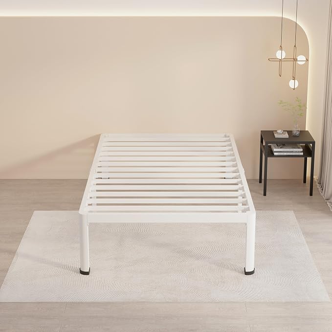 MAF 18 Inch Twin XL Bed Frames White with Round Corner Legs Mattress Slide Stopper No Box Spring Needed Heavy Duty Metal Platform Bed Frame Under-Bed Storage Space, 3000 LBS Steel Slats Support