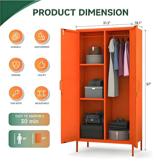 Metal Wardrobe with Lock 67"Clothing Steel Storage Cabinet Locker Hanging Rod And Adjustable Shelves 2 Doors Household kids wardrobe closet Lockers For Bedroom Home Orange Size:67"H X 31.5"W X 18.1"D