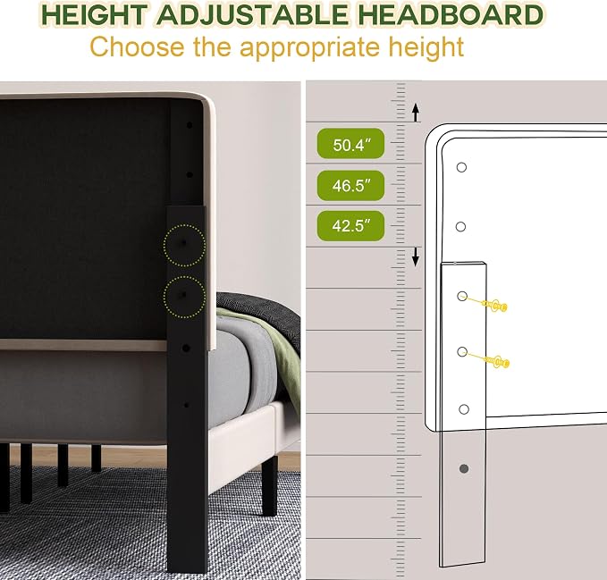 King Size Bed Frame with Headboard, Platform Bed with Soft Velvet Upholstered Headboard | Wooden Slats Support | Adjustable Height | No Box Spring Needed, King Bed Frame Beige