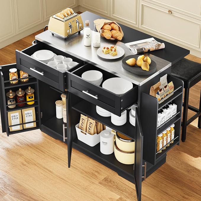 Concho 56'' Kitchen Island with Seating and Stainless Steel Countertop, Rolling Kitchen Carts on Wheels with Folding Drop Leaf, Bar Stool, Power Outlet, Spice/Towel Rack, Black