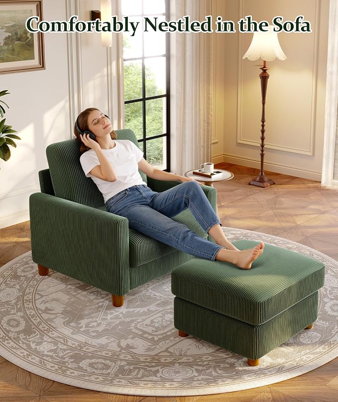 Welzona 25.2" Couches for Living Room, Comfy Green Ottoman with Storage, Foot Rest Tool-Free Setup, Small Ottoman Foot Rest for Couch, Corduroy Couch for Bedroom, Apartment, Office