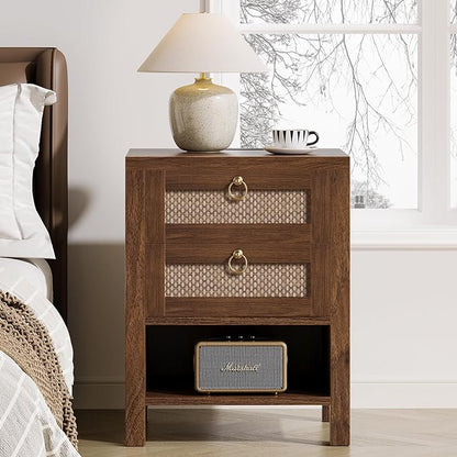 Rattan Night Stand with Drawers - Boho Nightstand with Charging Station, Bedside Table with Storage Shelf, Accent Side Table End Tables Living Room, Wood Nightstands for Bedroom, Walnut