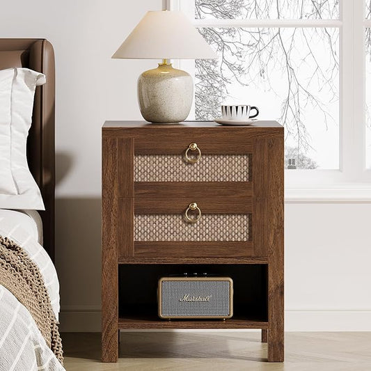 Rattan Night Stand with Drawers - Boho Nightstand with Charging Station, Bedside Table with Storage Shelf, Accent Side Table End Tables Living Room, Wood Nightstands for Bedroom, Walnut
