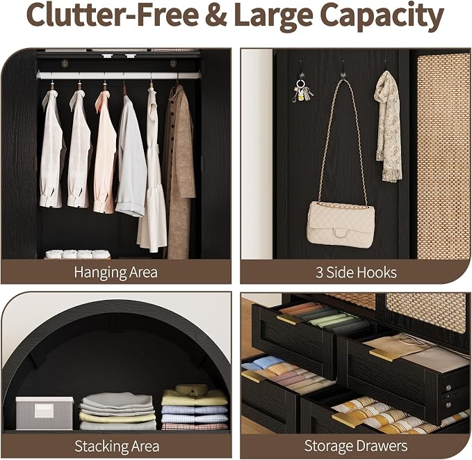 Armoire Wardrobe Closet with 4 Drawers - 2 Wood Bedroom Armoires and Wardrobes with Rattan Doors for Hanging Clothes, Clothing Cabinet Arched Closets for Cloak Room, 2 Wardrobes, Black