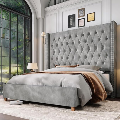 Jocisland Queen Bed Frame 61.4" Tall Headboard Velvet upholstered,Cream | Full Back Support Wingback Headboard,Deep Button Tufted Hand-crafted Pleats,Squeak-Free Sleep,Solid Wood Legs,Easy Assembly