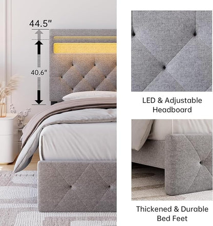 GarveeHome Full Size Bed Frame with Charging Station and LED Lights, Upholstered Bed Frame with Adjustable Headboard, Heavy Duty Wood Slats, No Box Spring Needed, Easy Assembly, Grey