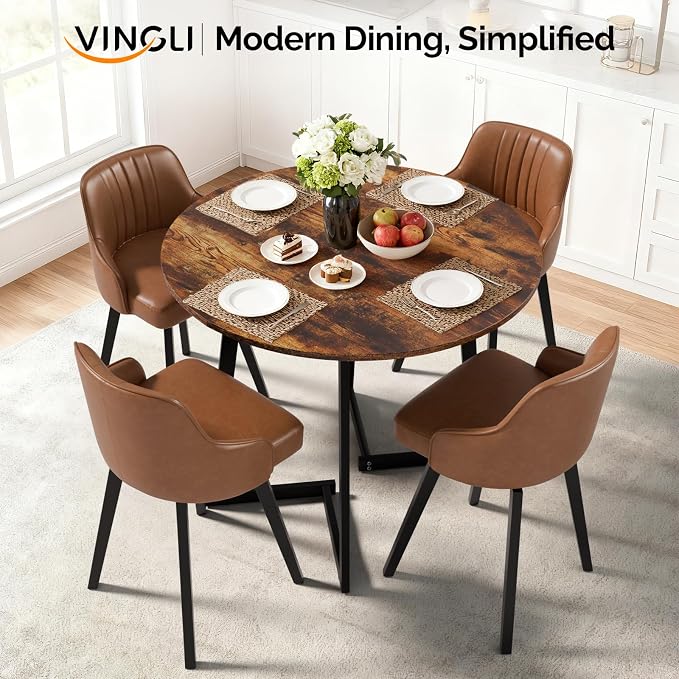 VINGLI Round Dining Table for 2-4, 35in Modern Dining Room Table with Cross Leg, Rustic Brown Wooden Kitchen Table, Space-Saving, Small Space Circle Dinette for Home, Kitchen, Apartment