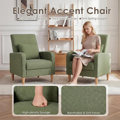COLAMY Mid-Century Modern Upholstered Accent Chair with Back Pillow & Solid Wood Legs, Fabric Cozy Armchair for Living Room, Bedroom, Reading Nook, Apartment & Small Spaces, Green