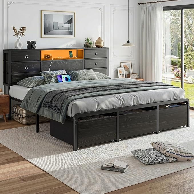 Homkdom King Size Bed Frame with 9 Fabric Drawers Storage, Charging Station & LED Lights, Metal Platform Bed Frame with Headboard,Noise-Free and Easy Assembly,Black