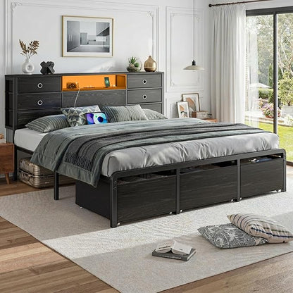 Homkdom King Size Bed Frame with 9 Fabric Drawers Storage, Charging Station & LED Lights, Metal Platform Bed Frame with Headboard,Noise-Free and Easy Assembly,Black