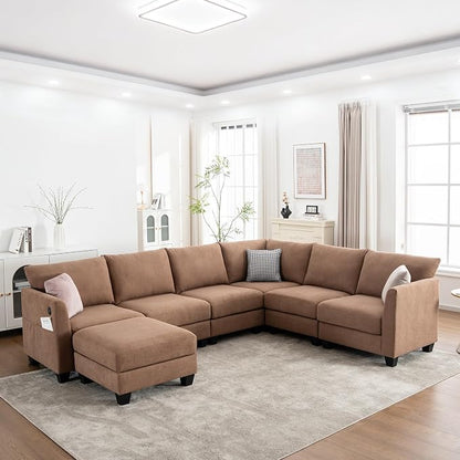 122.8" Large Sectional Couches for Living Room, 6 Seater L Shaped Modular Sectional Sofa with Storage Ottoman & USB, Oversized Corner Couch for Living Room（Brown）