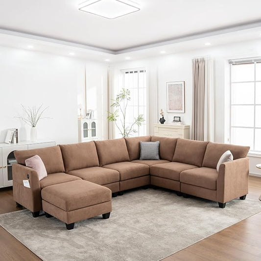 122.8" Large Sectional Couches for Living Room, 6 Seater L Shaped Modular Sectional Sofa with Storage Ottoman & USB, Oversized Corner Couch for Living Room（Brown）