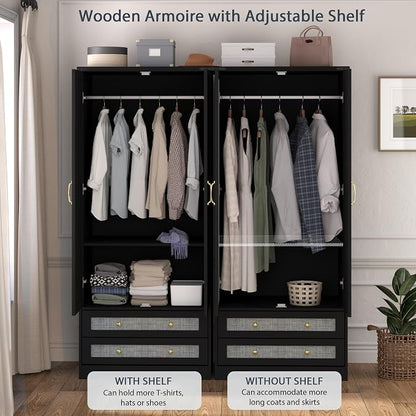 Brafab Armoire Wardrobe Closet with 2 Rattan Doors, 71" Black Farmhouse Tall Freestanding Coat Closet Wardrobe with Drawers and Hanging Rail, Wooden Armoire Storage Cabinet with Shelf for Bedroom