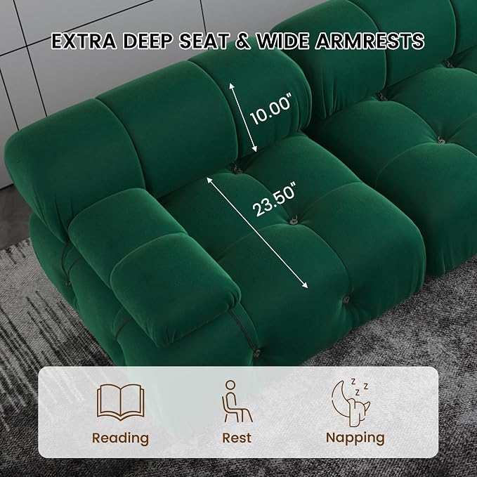 138" Convertible Modular Sectional Sofa, U-Shaped Velvet Sectional Couch with Chaise Ottomans, Minimalist Modern 6 Seat Sofas for Living Room Bedroom Office Apartment (Green)