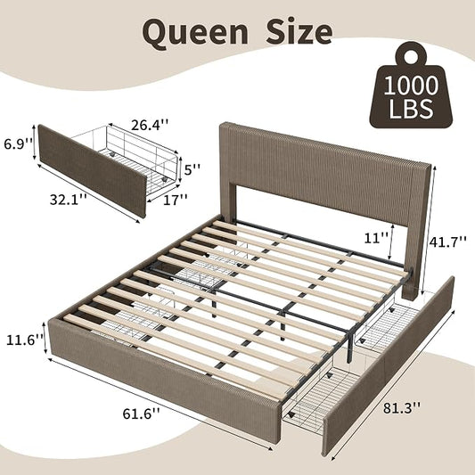 Garvee Corduroy Bed Frame with Headboard, Platform Upholstered Queen Bed Frame with 4 Storage Drawers and Wooden Slats Support, No Box Spring Needed, Brown