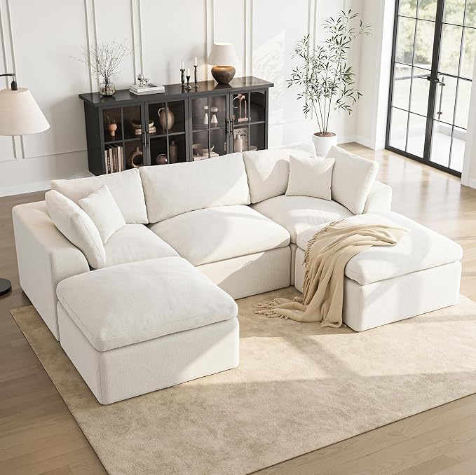 Cloud Sectional Couches for Living Room | 108 Inch U-Shaped Boneless Couch with Ottoman | Ivory White Modular Sectionals Sofa Couch