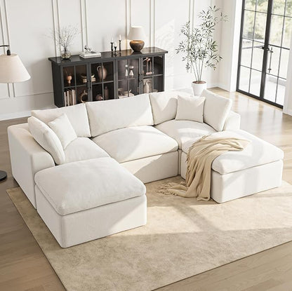 Cloud Sectional Couches for Living Room | 108 Inch U-Shaped Boneless Couch with Ottoman | Ivory White Modular Sectionals Sofa Couch