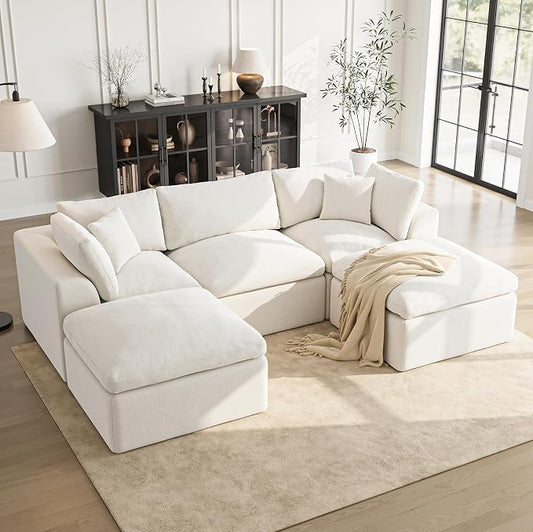 Cloud Sectional Couches for Living Room | 108 Inch U-Shaped Boneless Couch with Ottoman | Ivory White Modular Sectionals Sofa Couch