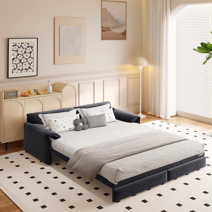 66" Sleeper Sofa Bed Queen Size, 3-in-1 Convertible Couch, Modern Pull Out Couches, Comfy Velvet Futon Sofa, Cloud Loveseat Lounge, Pillow Arm, for Small Spaces, Living Room, Apartment, Grey