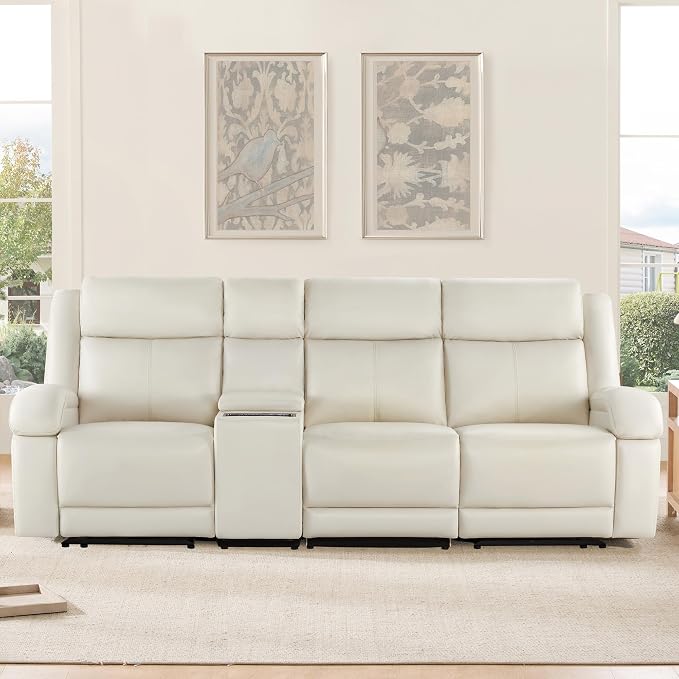 Watson & Whitely Genuine Leather Power Recliner Sofa, 3 Seater Wall Hugger Reclining Sofas with Storage Console, Power Headrest, USB, Electric Recliner Couch Set for Living Room, Cream