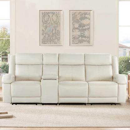 Watson & Whitely Genuine Leather Power Recliner Sofa, 3 Seater Wall Hugger Reclining Sofas with Storage Console, Power Headrest, USB, Electric Recliner Couch Set for Living Room, Cream