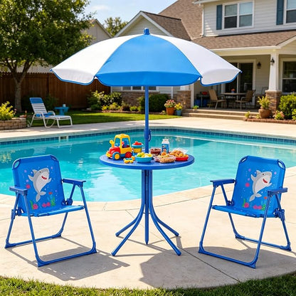 HONEY JOY Kids Picnic Table, Animal Themed Toddler Outdoor Table and Chair Set, 2 Folding Chairs & Removable Umbrella, Children Outdoor Furniture for Backyard Patio Garden (Blue Shark)