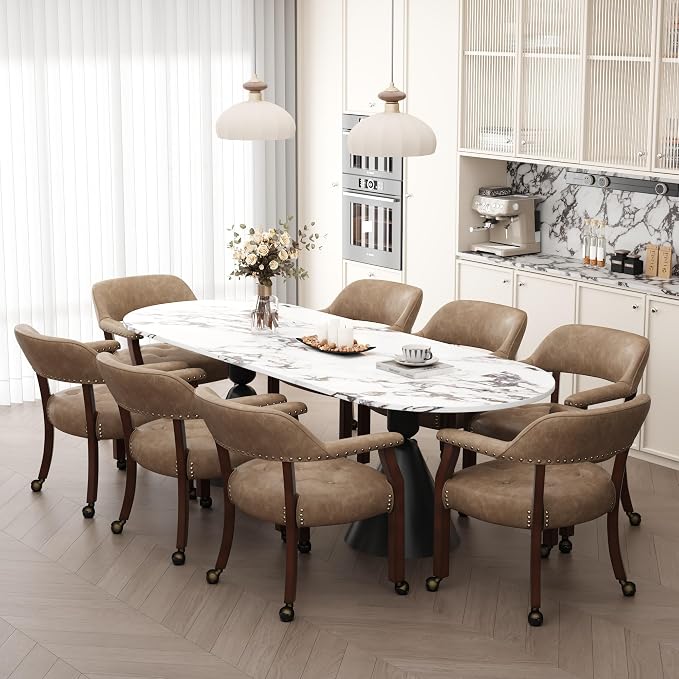 LEEMTORIG Large Dining Chairs with Casters and Arms, Rolling Dining Chairs with Wheels, Accent Game Chairs Boss Caption's Chairs, 26"D x 25.2"W x 31.5"H, Cherry Legs & Yellowish Brown PU SY-1533-PMB