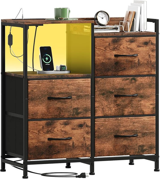 Somdot Nightstand with Charging Station and LED Light, Wide 5 Drawers Dresser for Bedroom with Fabric Bins and Open Shelf for Bedroom Kids Closet Dorm Guest Room, Wood Grain Print