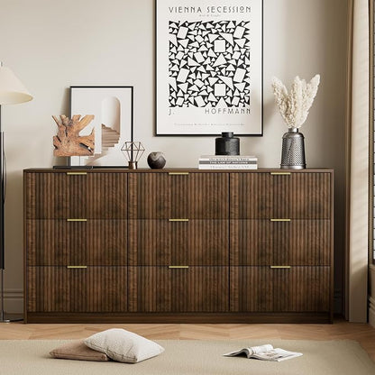 Furniway Walnut Dresser for Bedroom, Modern Dresser with 9 Drawers and Smooth Slides, Wide Chest of Drawers with Golden Handles for Bedroom, Living Room, Closet, 15.7" D x 63" W x 31.5" H