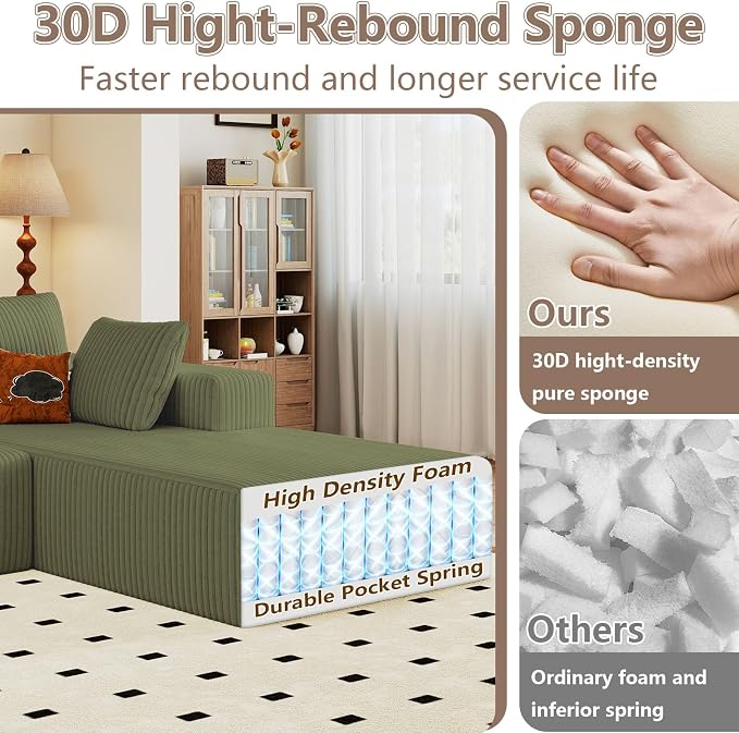 95" Cloud Sectional Couch with L-Shape Chaise, Modular Comfy Sofa Chaise Longue, Upholstered Corduroy Couches Sleeper with Deep Seat for Living Room Bedroom, No Assembly Required(Green, Right Facing)