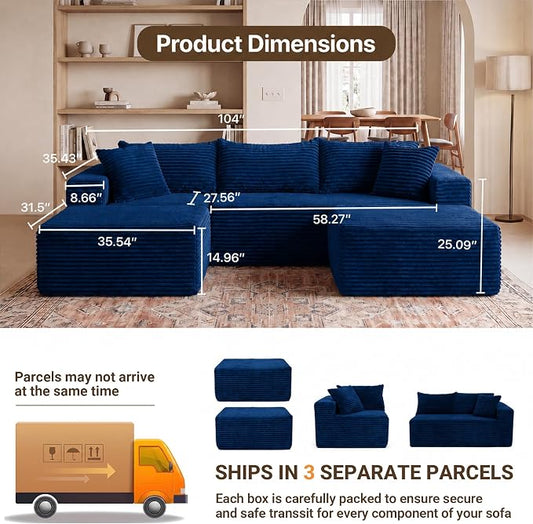 Claiks 104" Boneless Couch, Cloud Couch Sectional, U-Shape Corduroy Modular Sectional Sofa Deep Seat, Upholstered Couches for Living Room, No Assembly Required, Blue