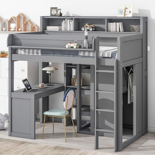 Ball & Cast Twin Size Loft Bed with Stair & Safety Guardrail,Wood Bedframe with Storage Drawer,2 Wardrobes & Mirror,Space Saving,No Box Spring Needed,Versatile Bedroom Furniture for Boys Girls,Gray