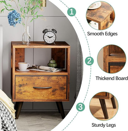 Aenuert Night Stand, Brown Nightstand with Drawer, Side Table with Open Storage, 2-Tier Modern End Table, Bedside Table for Small Space, Living Room, Bedroom