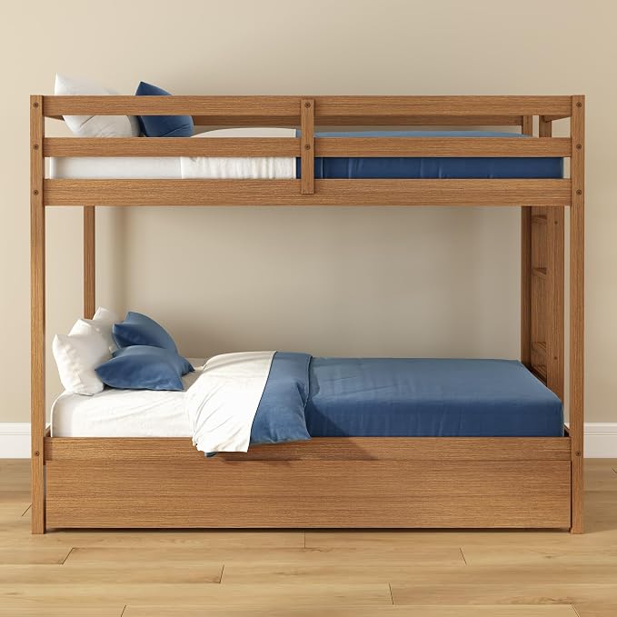 Grain & Grove Bear Twin Over Twin Bunk Bed with Trundle Bed, Sturdy Bunk Bed Frame for Kids, Plywood Bunk with Ladder, Guardrail, and Slats, No Box Spring Required, Oak Embossed Pecan