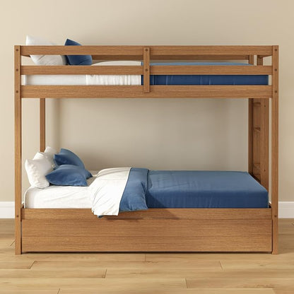 Grain & Grove Bear Twin Over Twin Bunk Bed with Trundle Bed, Sturdy Bunk Bed Frame for Kids, Plywood Bunk with Ladder, Guardrail, and Slats, No Box Spring Required, Oak Embossed Pecan