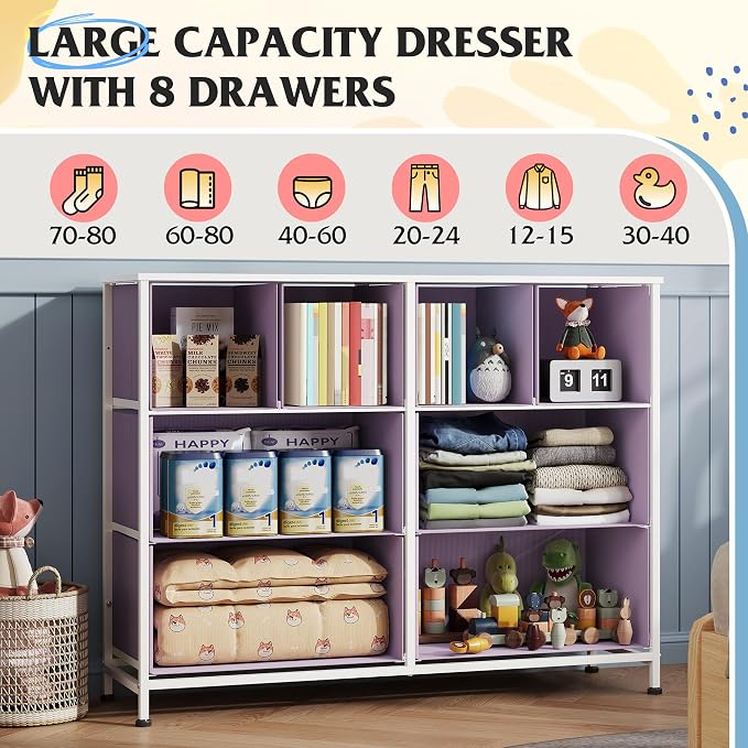 WLIVE Dresser for Bedroom with 8 Drawers, Wide Fabric Dresser for Storage and Organization, Bedroom Dressers, Chest of Drawers for Living Room, Closet, Hallway, Tie-dye Print (Pink, Purple, Blue)
