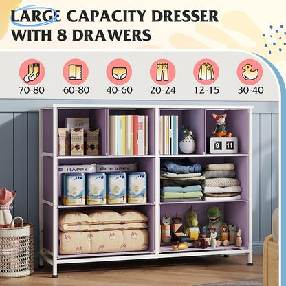 WLIVE Dresser for Bedroom with 8 Drawers, Wide Fabric Dresser for Storage and Organization, Bedroom Dressers, Chest of Drawers for Living Room, Closet, Hallway, Tie-dye Print (Pink, Purple, Blue)